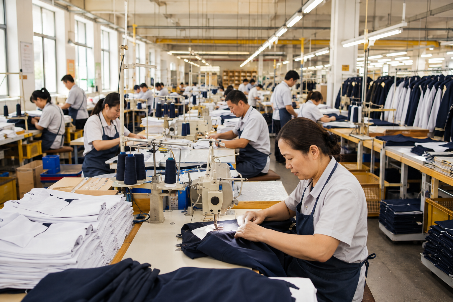 校服生产车间的 AI 视觉示意